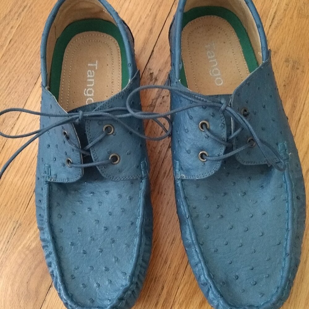 Men's Blue Leather Ostrich Quill Shoes Size 11 Rare Luxury Laced Moccasins VIP